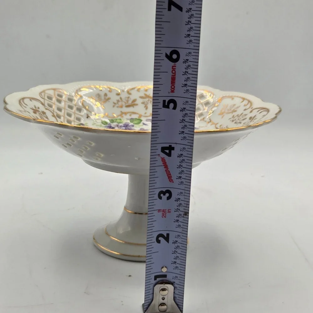 Lefton China Hand Painted Violet Chintz Gold Trim Pedestal Compote KF650V